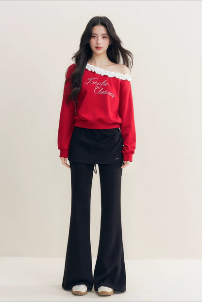 Red Pearl Ruffle Off-Shoulder Sweatshirt