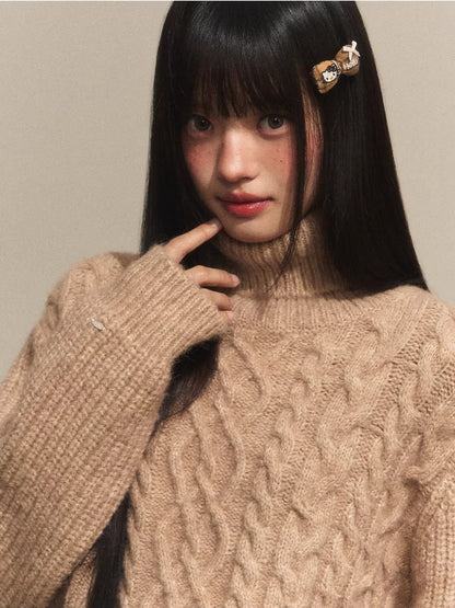 High-Neck Cable Knit Sweater