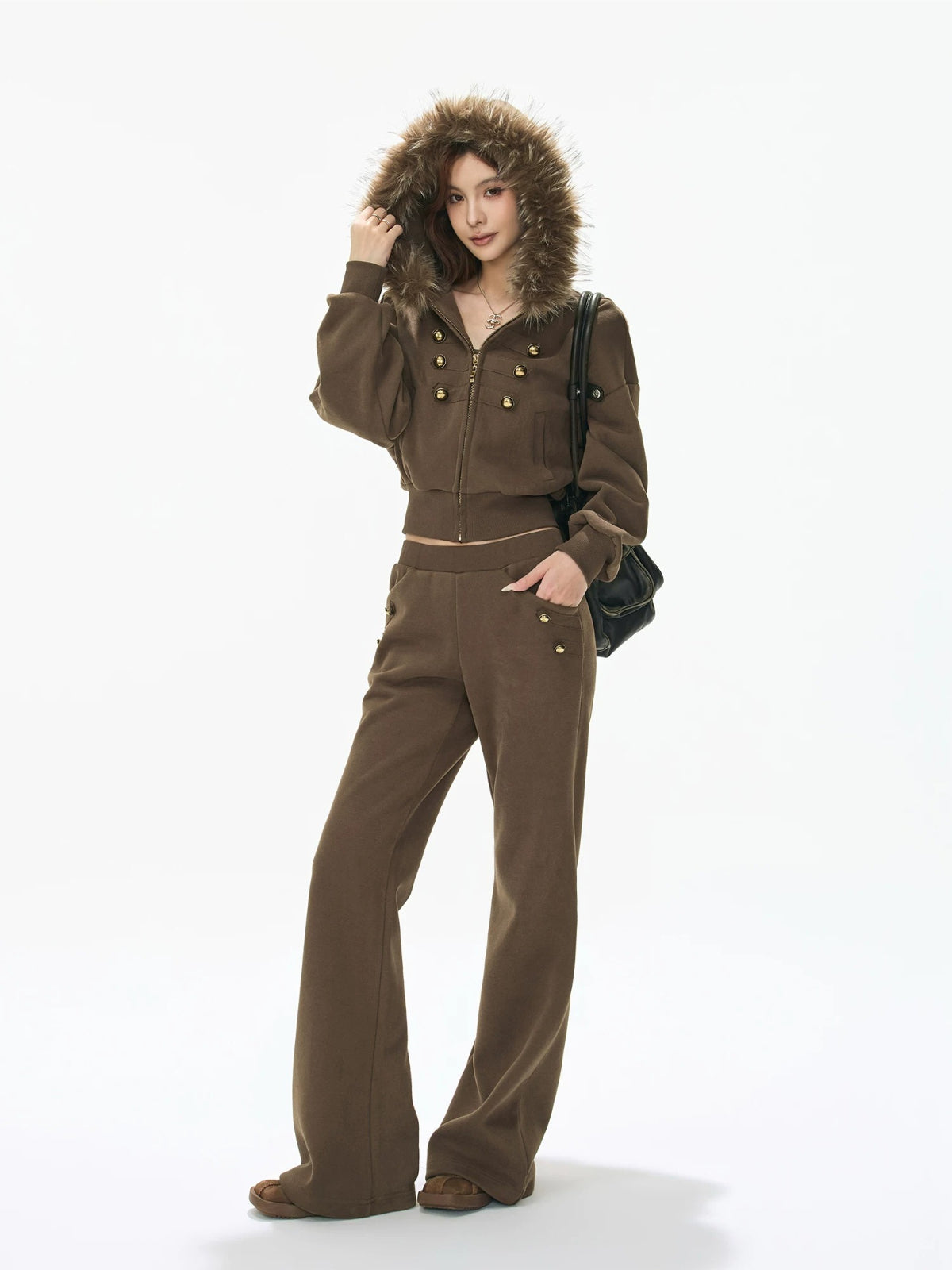 Caramel Hooded Cropped Wide-Leg Set