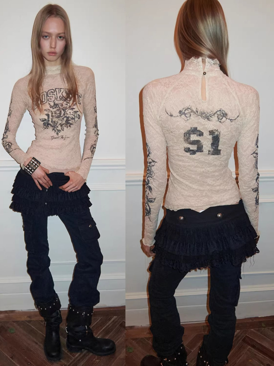 Rose Lace Print Mesh Top