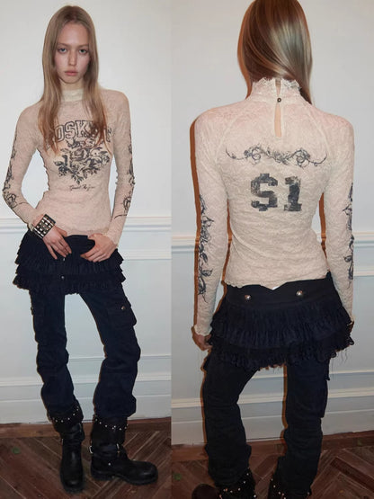 Rose Lace Print Mesh Top