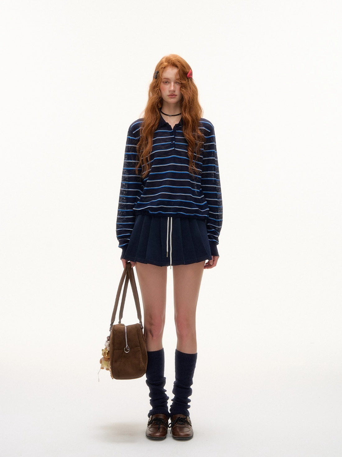 Beige & Blue Striped Polo Knit T-shirt