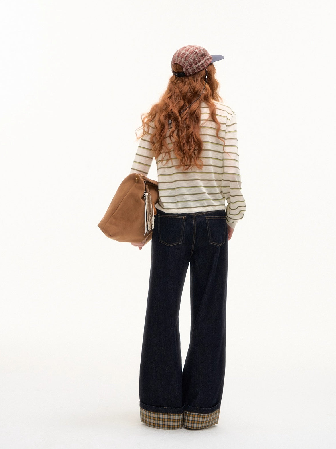 Yellow &amp; Red Plaid Hem Denim Pants