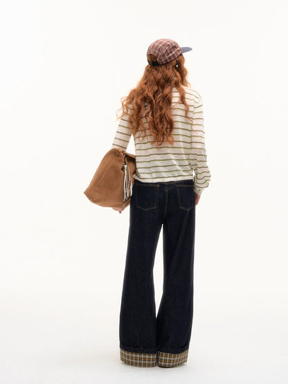 Yellow &amp; Red Plaid Hem Denim Pants
