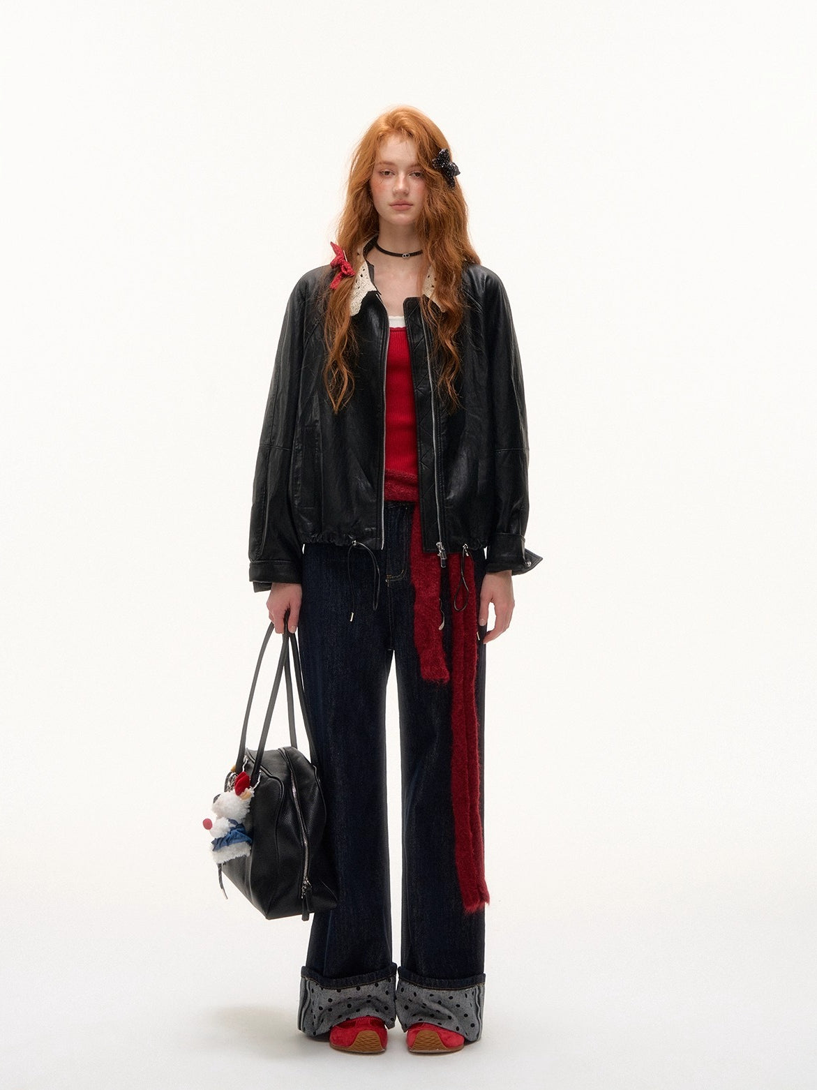 Contrast Cuff Polka Dot Denim Pants