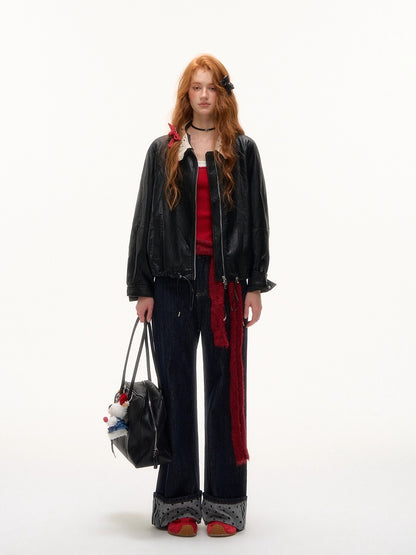 Contrast Cuff Polka Dot Denim Pants