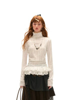 Ruffle High-Neck Slim Long Sleeve Top