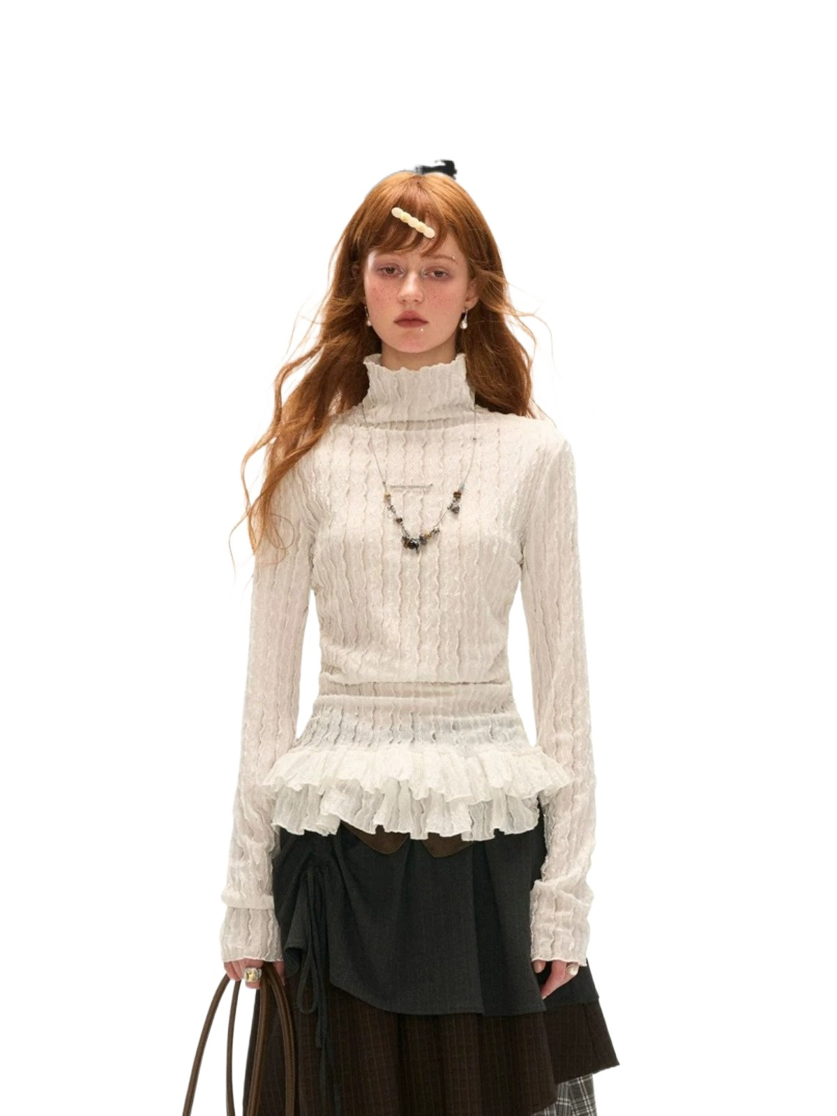 Ruffle High-Neck Slim Long Sleeve Top