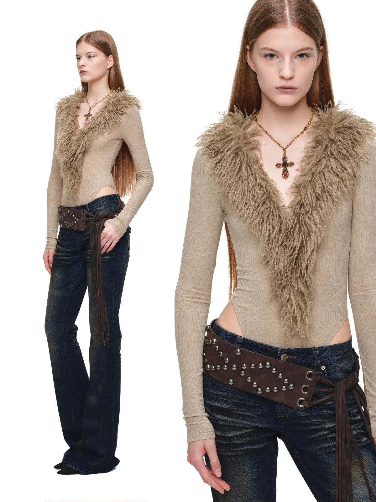 Lamb Fur V-Neck Knit Bodysuit