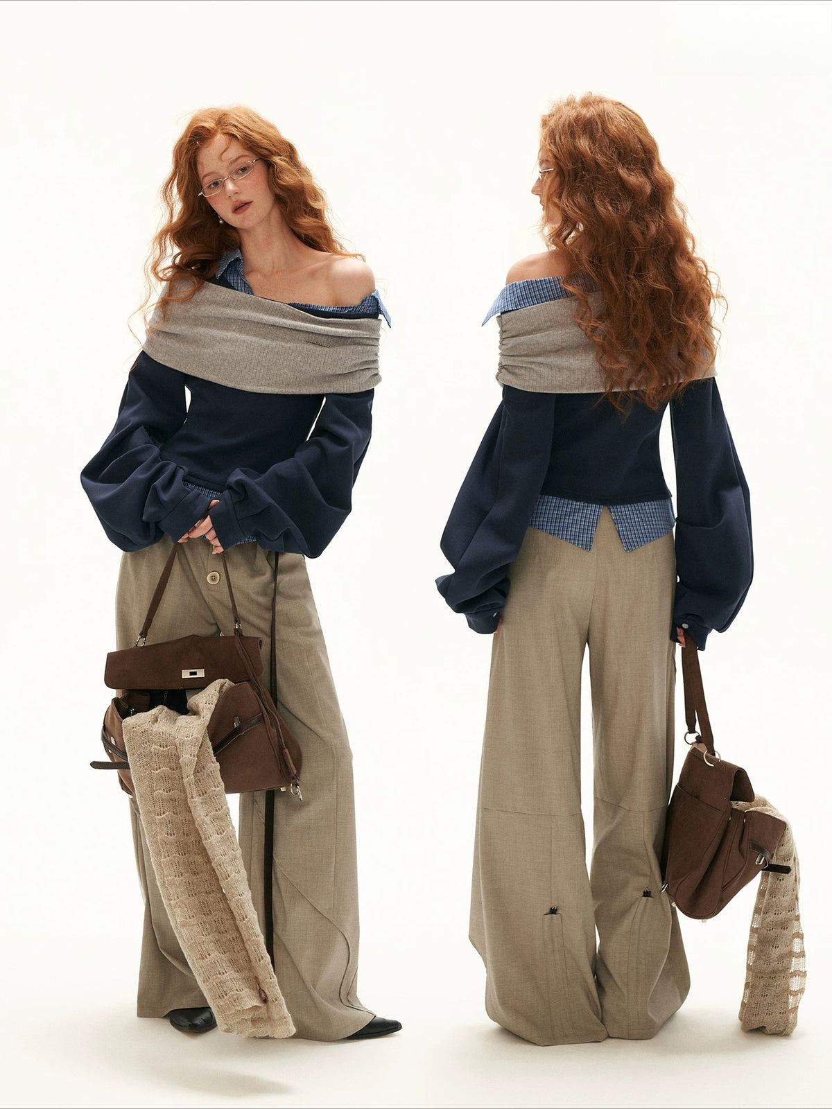 Plaid Off-Shoulder Sweatshirt Top