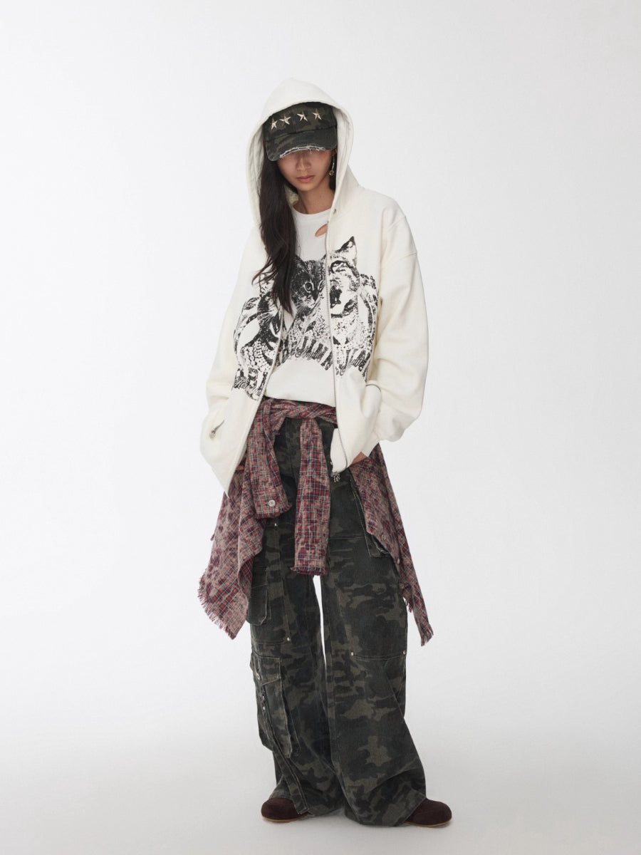Cat Graphic Double-Zip Convertible Hoodie Jacket