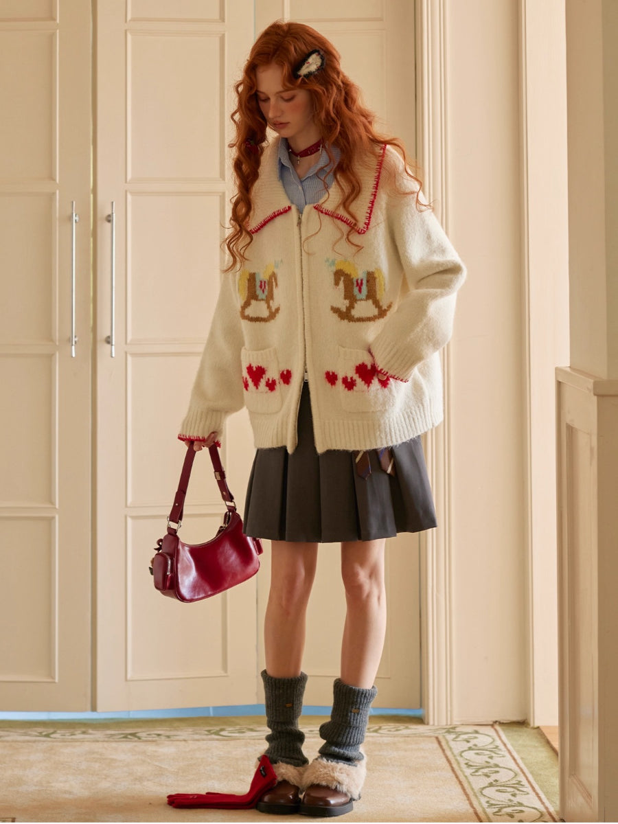 Contrast-Trim Horse Jacquard Knit Zip Cardigan
