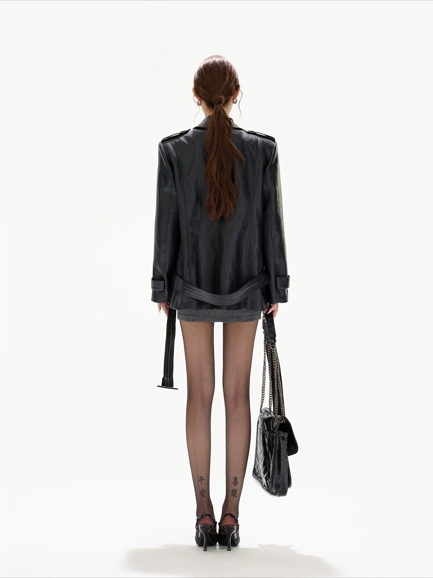 Black Stand Collar Belted Leather Jacket