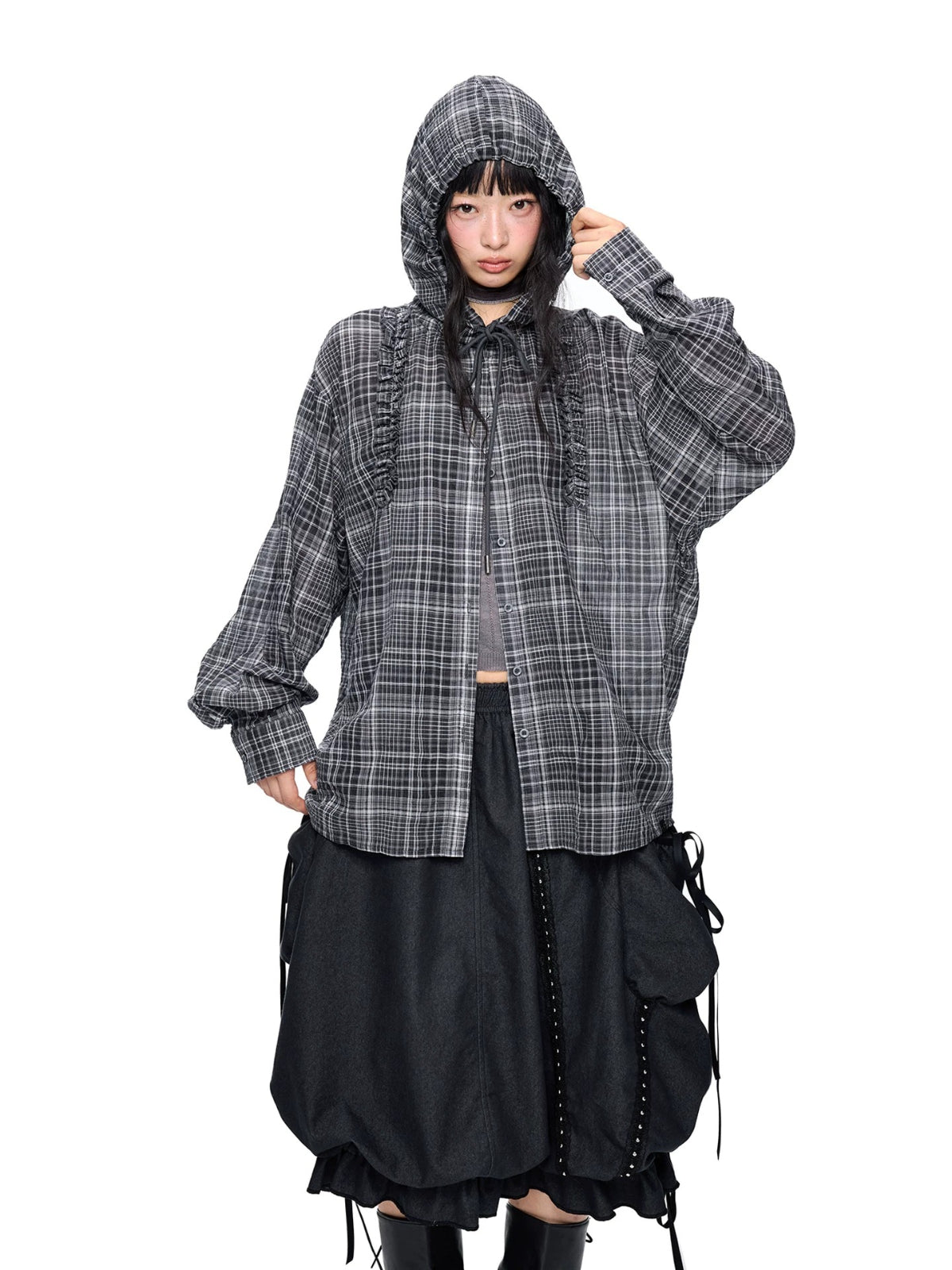 Vintage Plaid Hooded Oversized Shirt