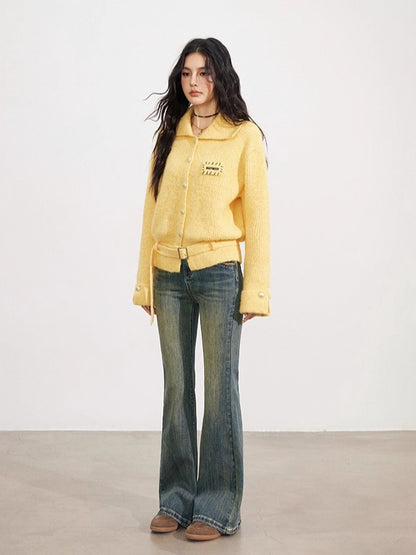 Collared Belted Knit Cardigan