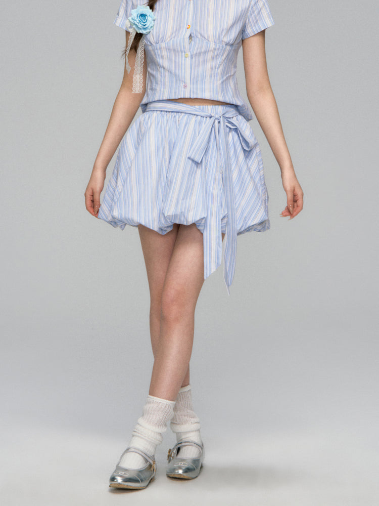 Colorful Buttons Striped College - Style Shirt &amp; Skirt Set