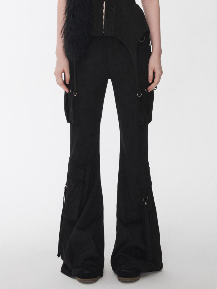 Suede Studded Cargo Flare Pants