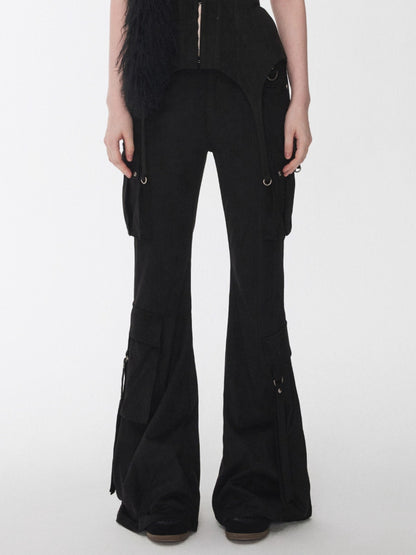 Suede Studded Cargo Flare Pants