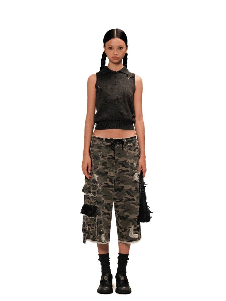 Lace Patchwork Ripped Camouflage Capri Pants