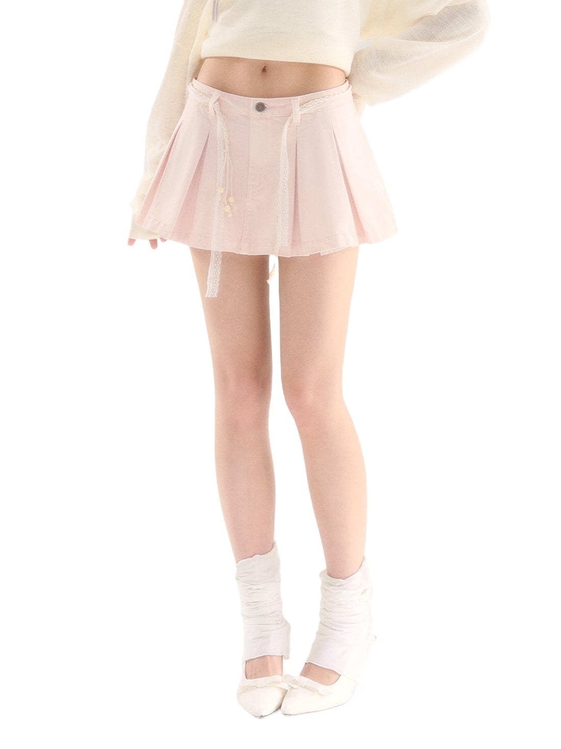 Pink Lace Pleated Denim Skirt