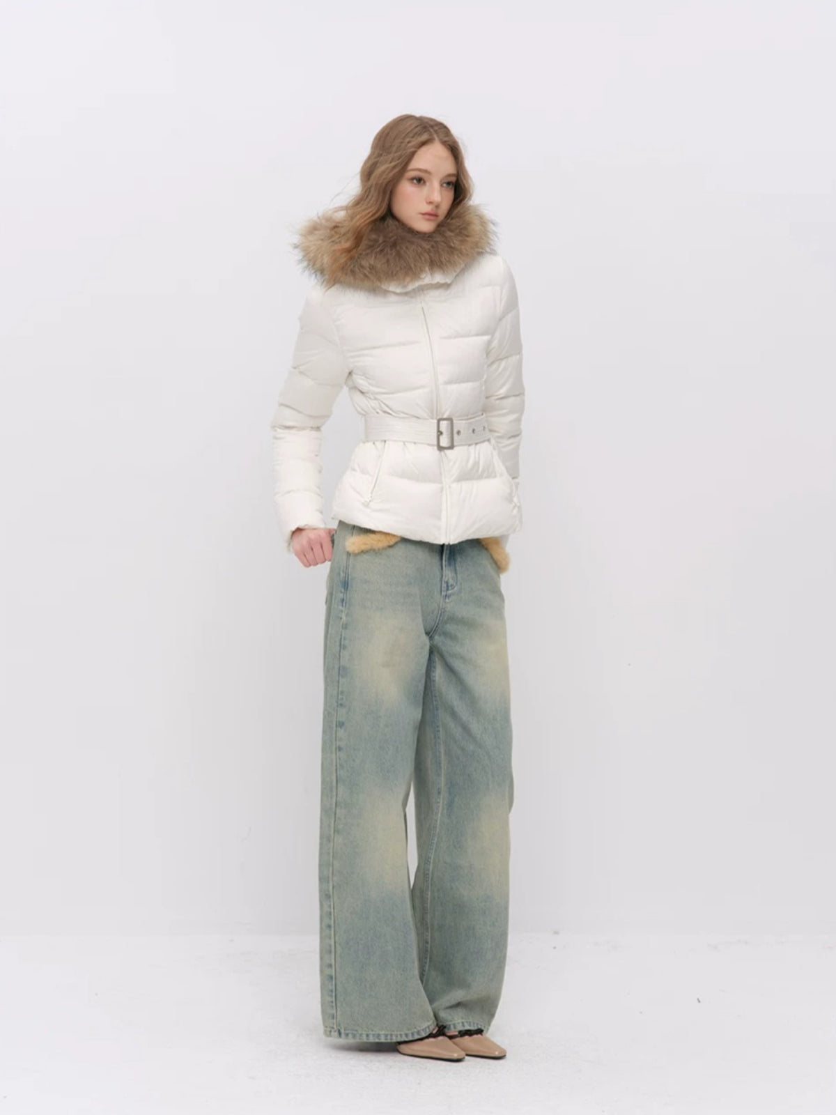 Fur Collar Belted Down Jacket