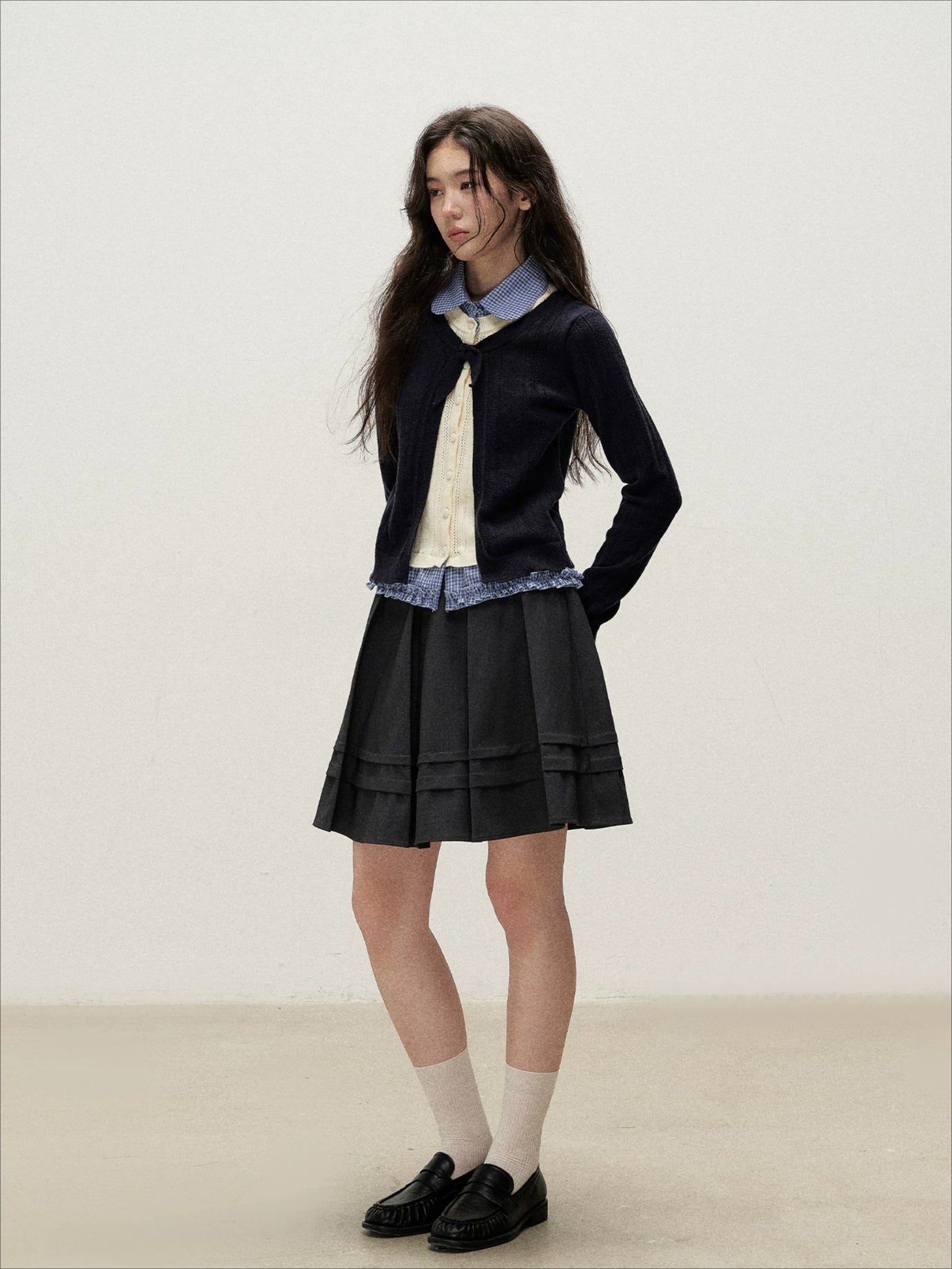 Plaid Collar Layered Knit Top