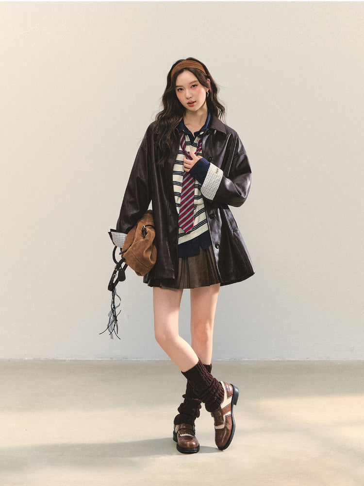Black H-shaped Cuff Checkered Spliced Leather Jacket