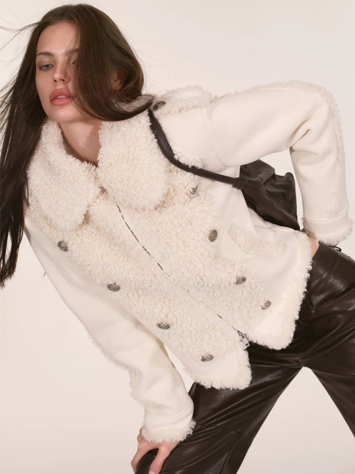 Ivory Double-Breasted Sherpa Panel Jacket