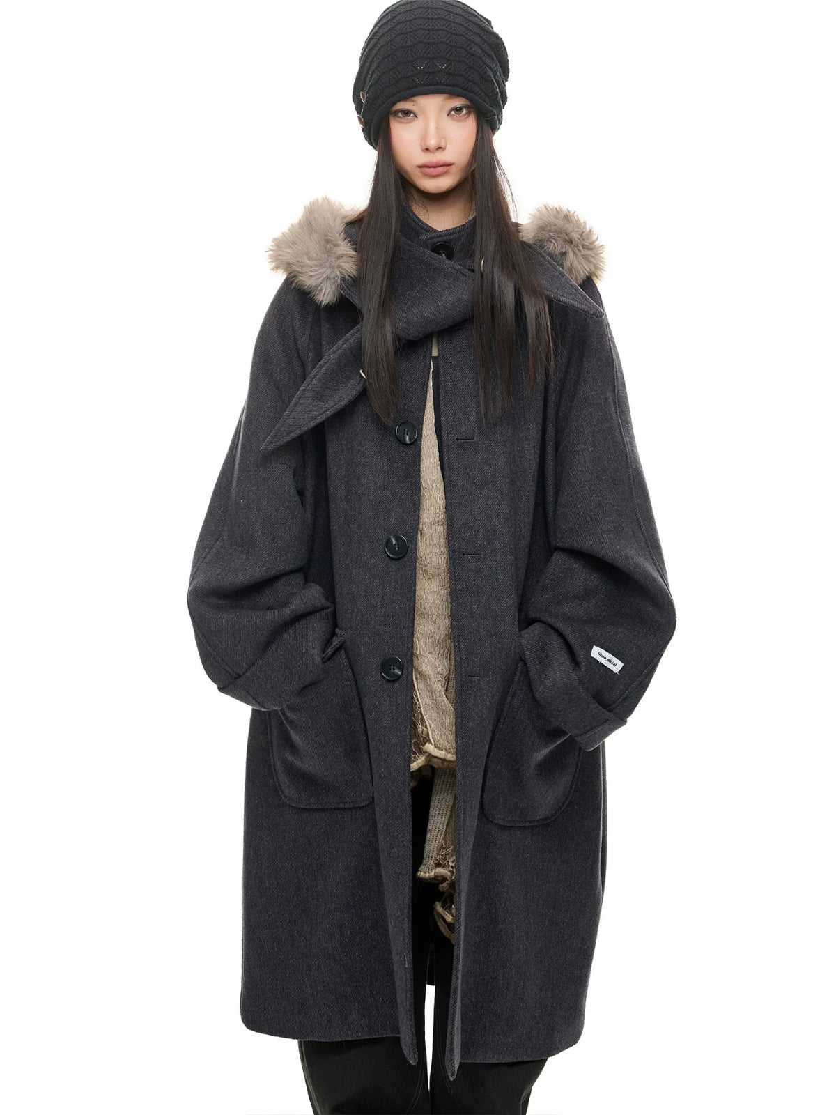 Hooded Wool Blend Long Coat