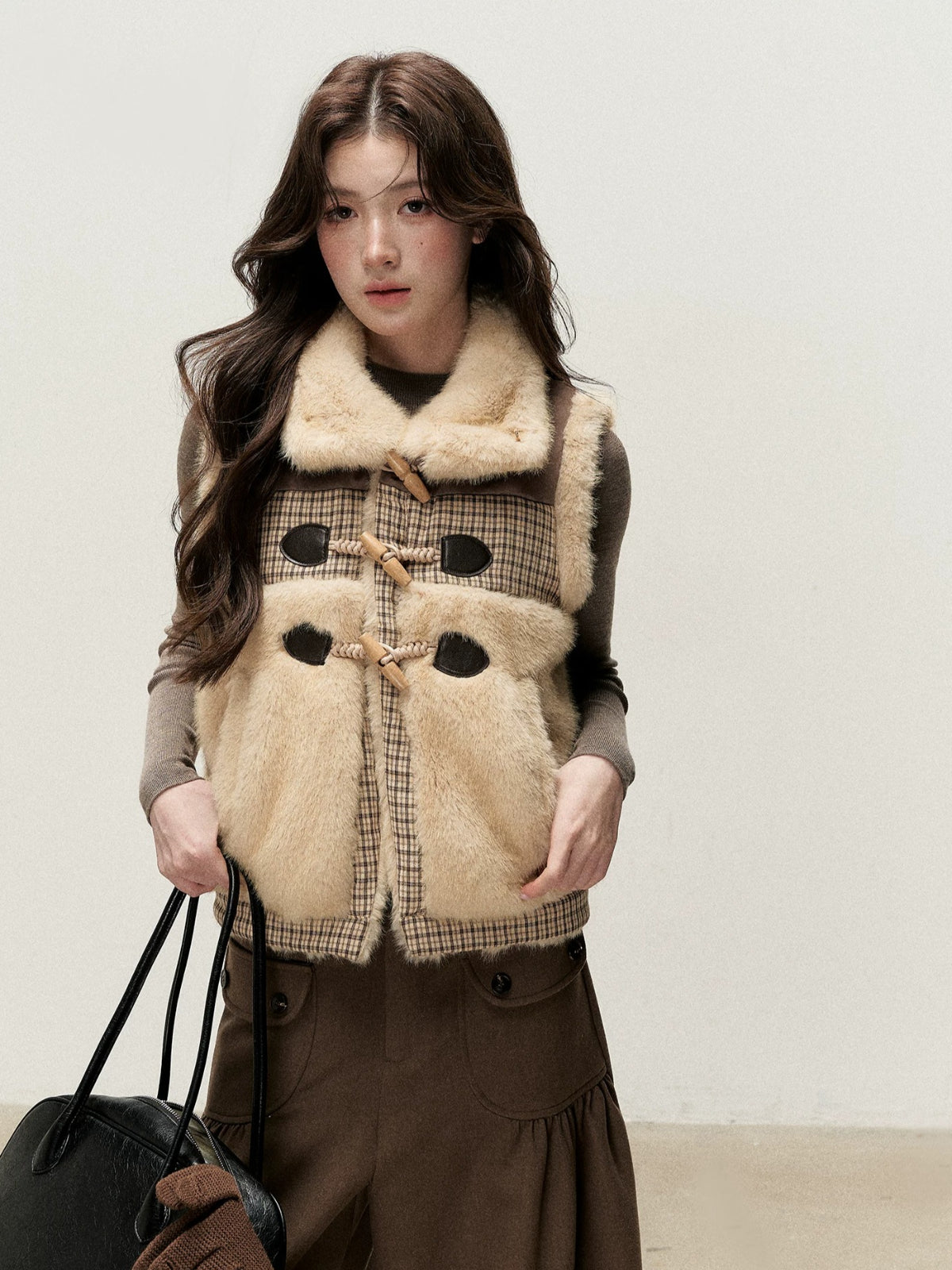 Vintage Toggle Plaid Faux Fur Vest
