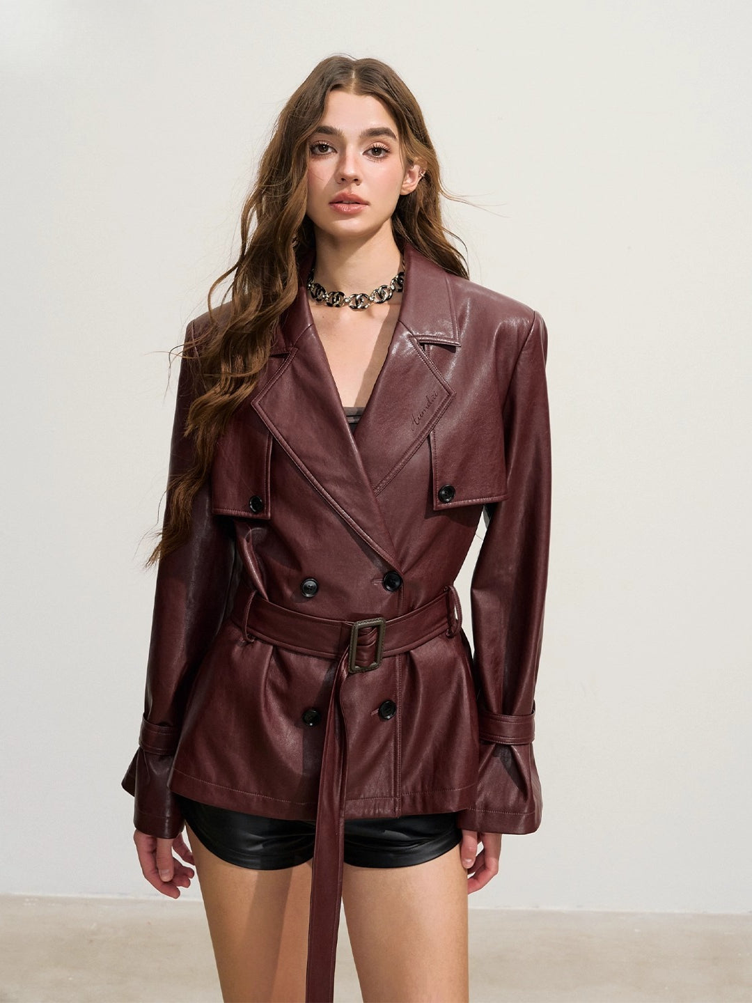 Oversized Double-Breasted Mid-Length Leather Trench Coat