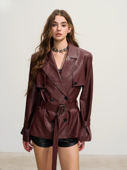 Oversized Double-Breasted Mid-Length Leather Trench Coat