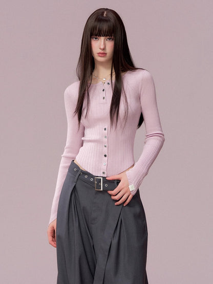 Ribbed Button Waist Knit T-shirt