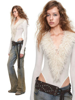 Lamb Fur V-Neck Knit Bodysuit