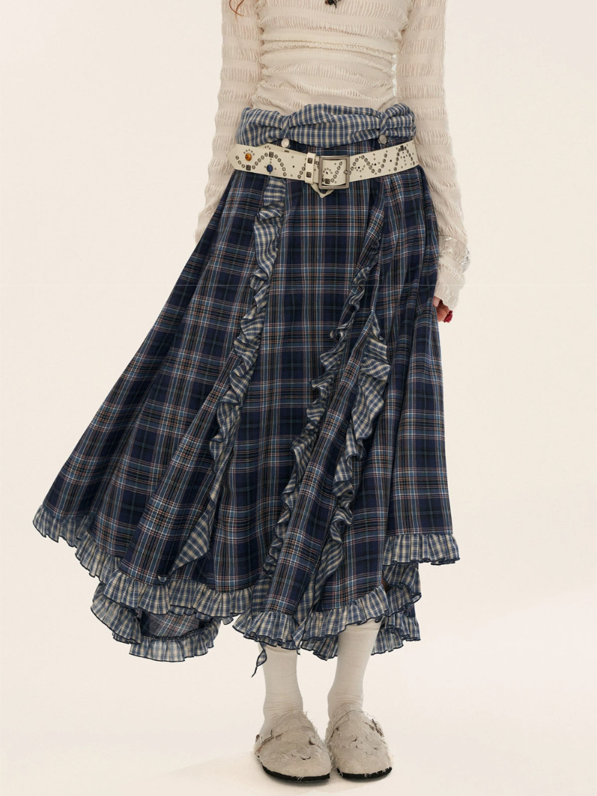 Asymmetric Ruffle Plaid Midi Skirt