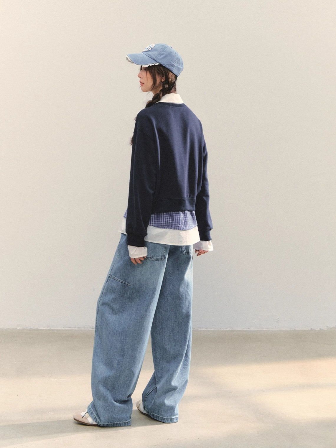 Navy Blue Plaid-Patchwork Polo Sweatshirt