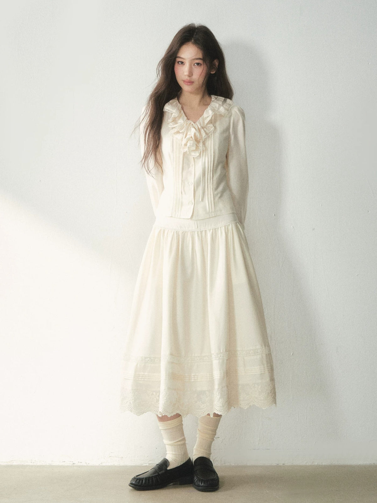 Vintage Ruffle Lace Shirt &amp; Skirt Set