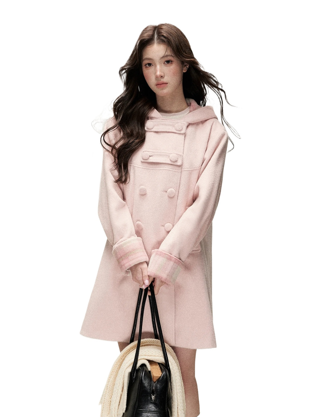 Plaid-Trim Hooded Double-Breasted Coat