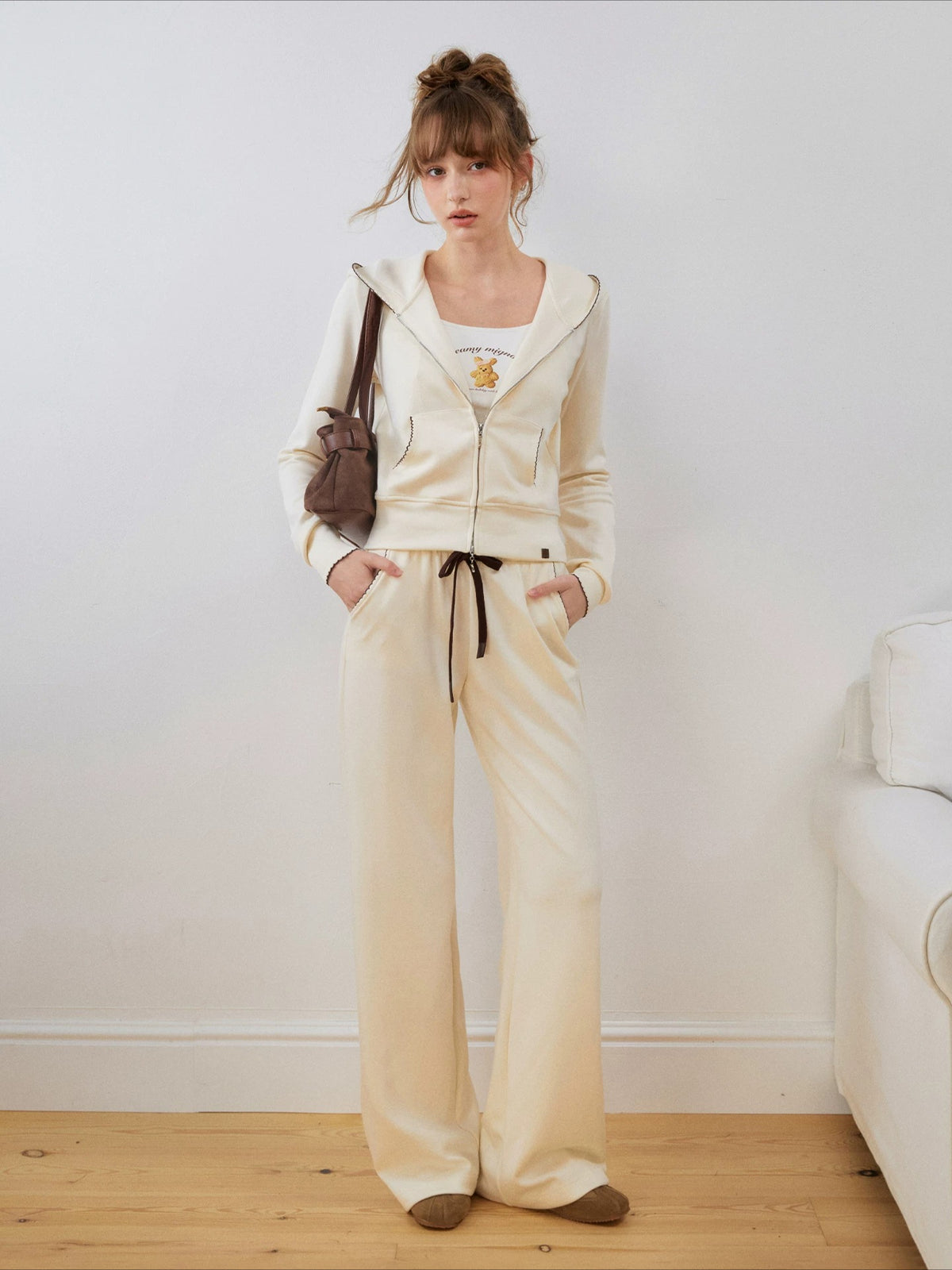 Contrast Trim Zip Hoodie &amp; Flared Pants Set