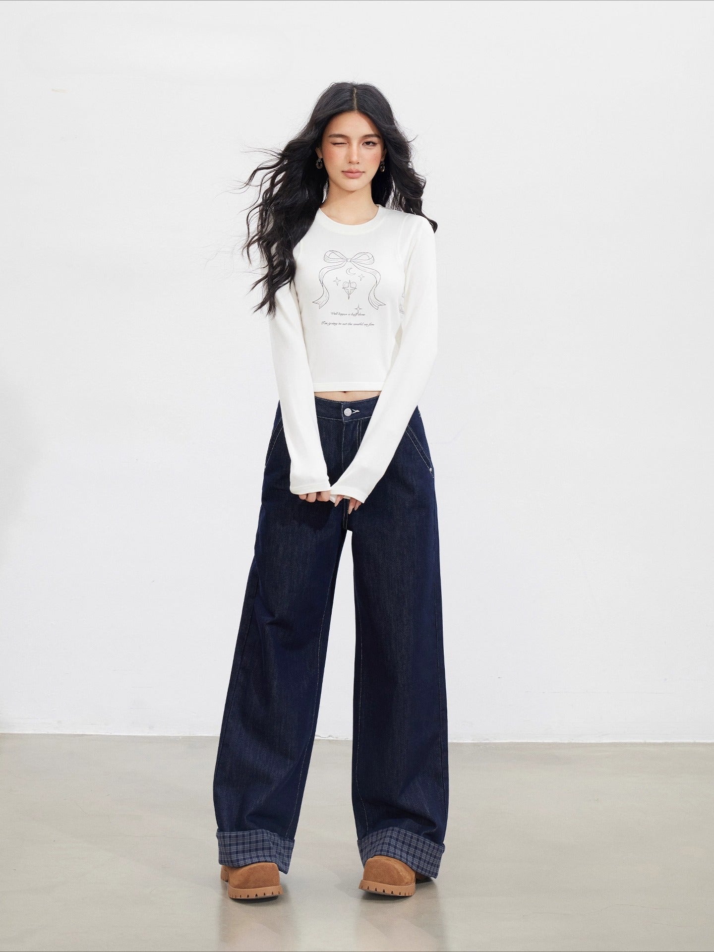 Navy Blue Plaid Patchwork Denim Wide-Leg Pants