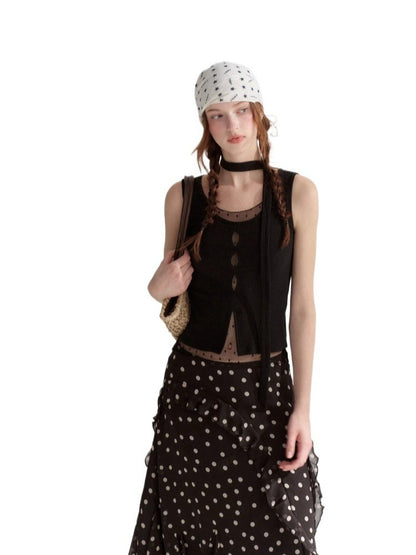Mesh Panel Ribbon Tank Top