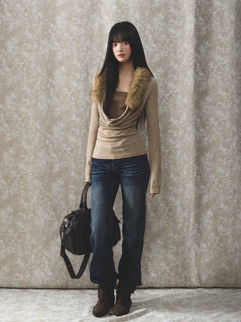 Oatmeal Fur Collar Knit Top