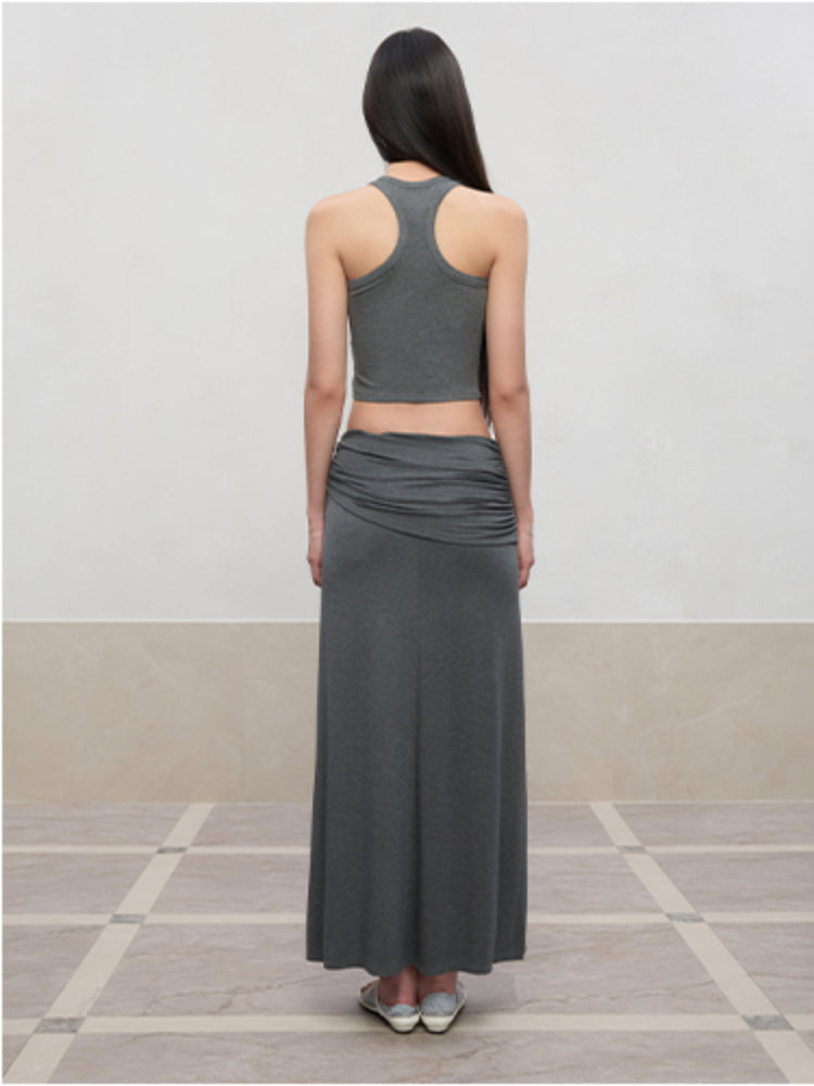 Lyocell Pleated Mid-Low Waist Midi Skirt