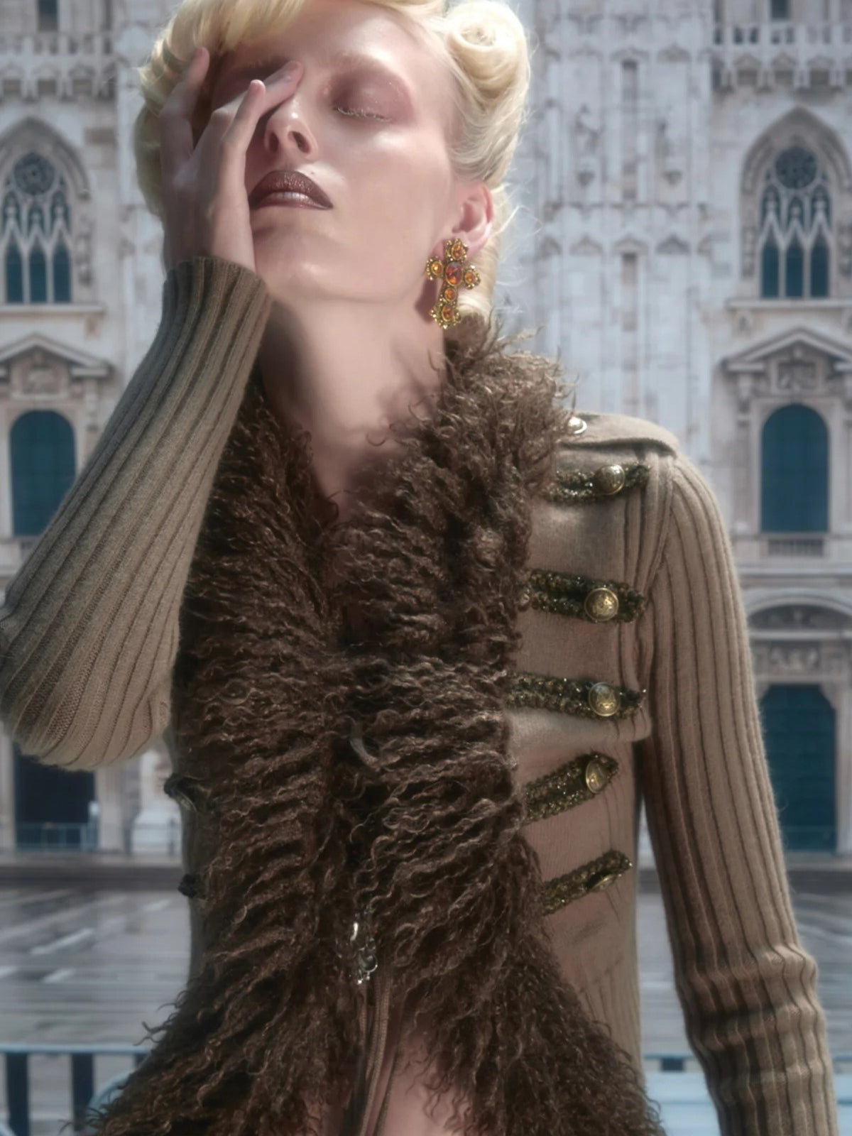 Napoleon Fur Collar Ribbed Cardigan