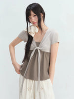 Fake Two-Piece Tie Blouse & Pants Set