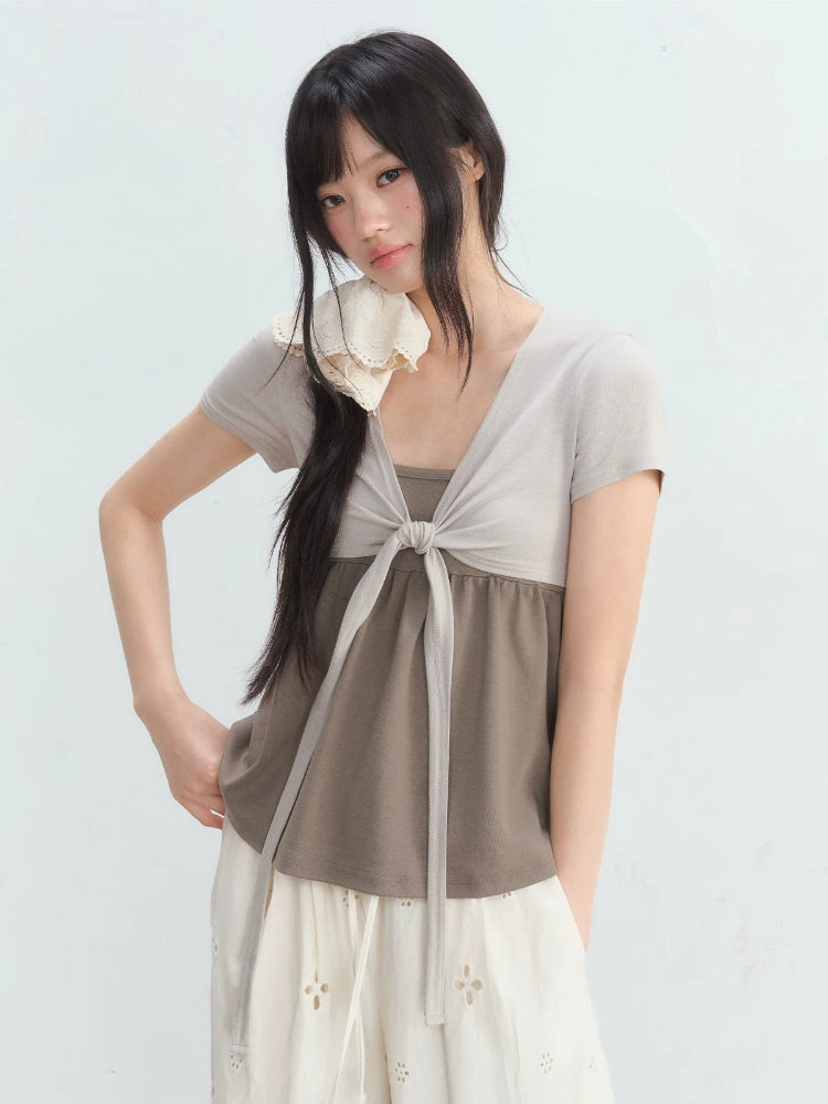 Fake Two-Piece Tie Blouse &amp; Pants Set