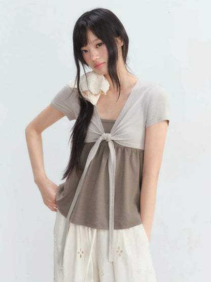 Fake Two-Piece Tie Blouse &amp; Pants Set