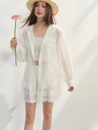 White Lace Panel Hooded Coat &amp; Skirt Set