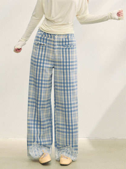 Lace Panel Checked Straight-Leg Pants