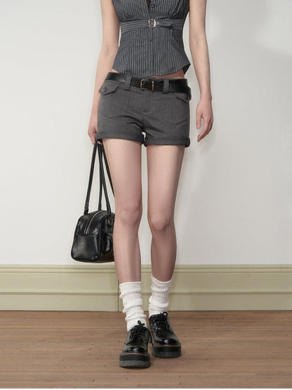 Grey Patch-Pocket Low Waist Suit Shorts